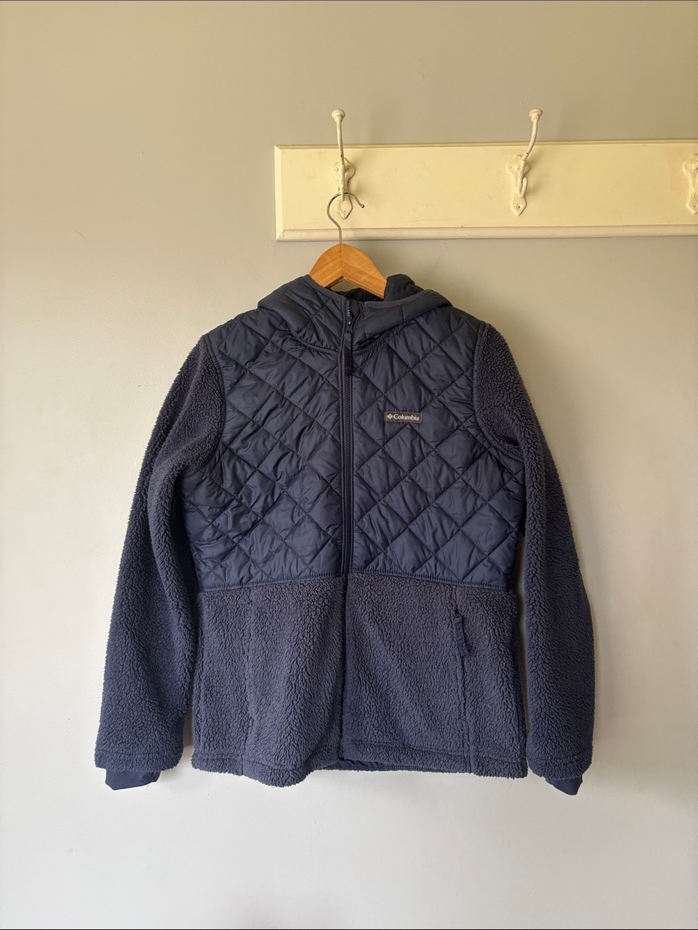 Columbia Women’s Medium Blue Quilted Fleece Hooded Jacket Sherpa Cozy Layer